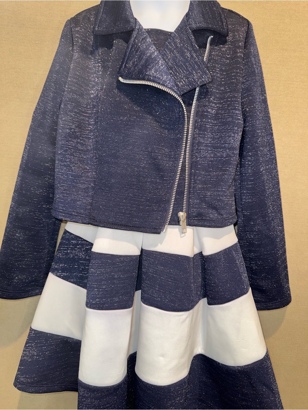 2 Hip Girls Metallic Navy Silver Dress & Moto Jacket Set Size 7 #35